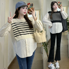 批发实拍新款孕妇设计感娃娃衫条纹拼接宽松显瘦时尚百搭甜美减龄上衣