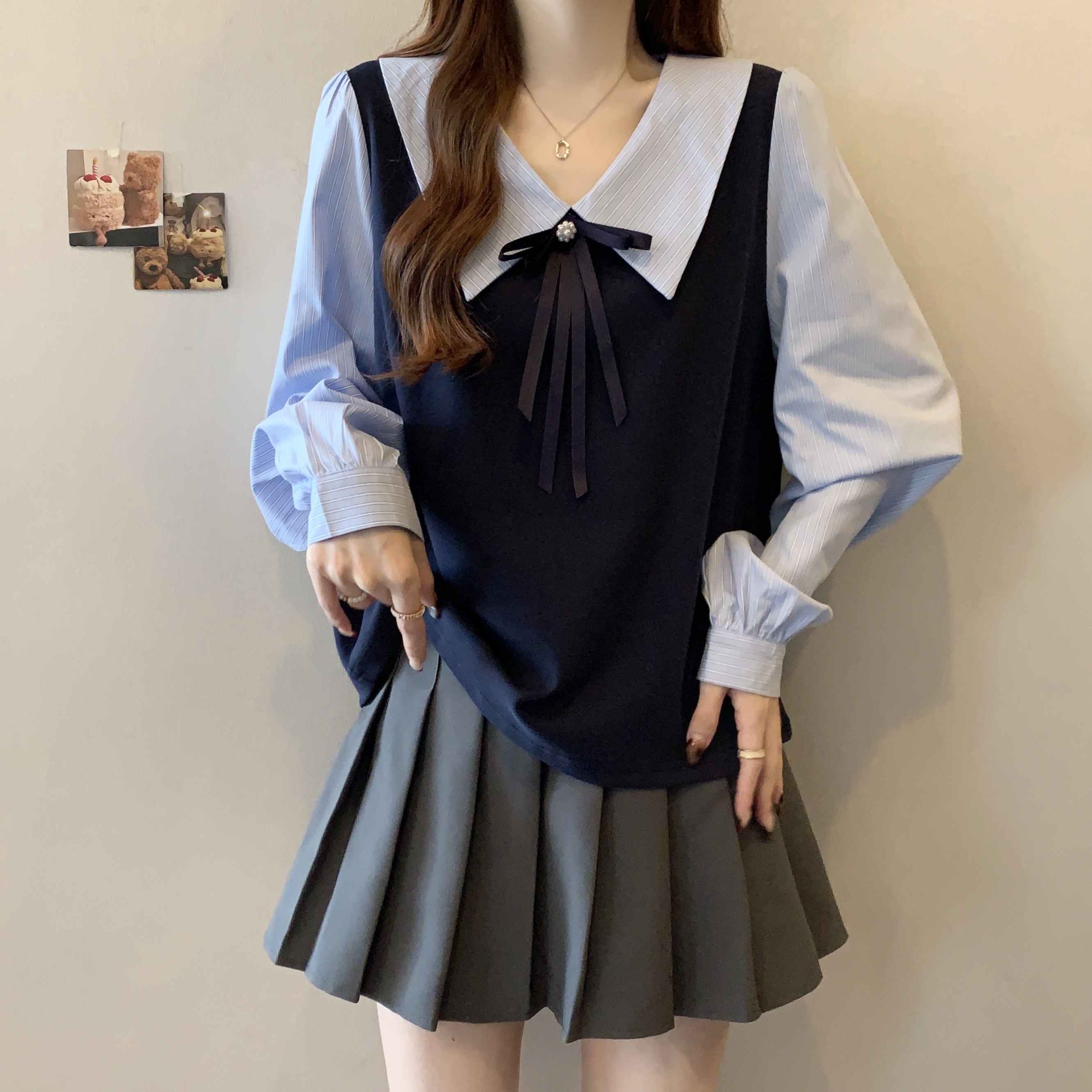 실사 지방 mm 빅 사이즈 프랑스식 베이비 칼라 여성 셔츠 페이크 레이어드 긴팔 맨위