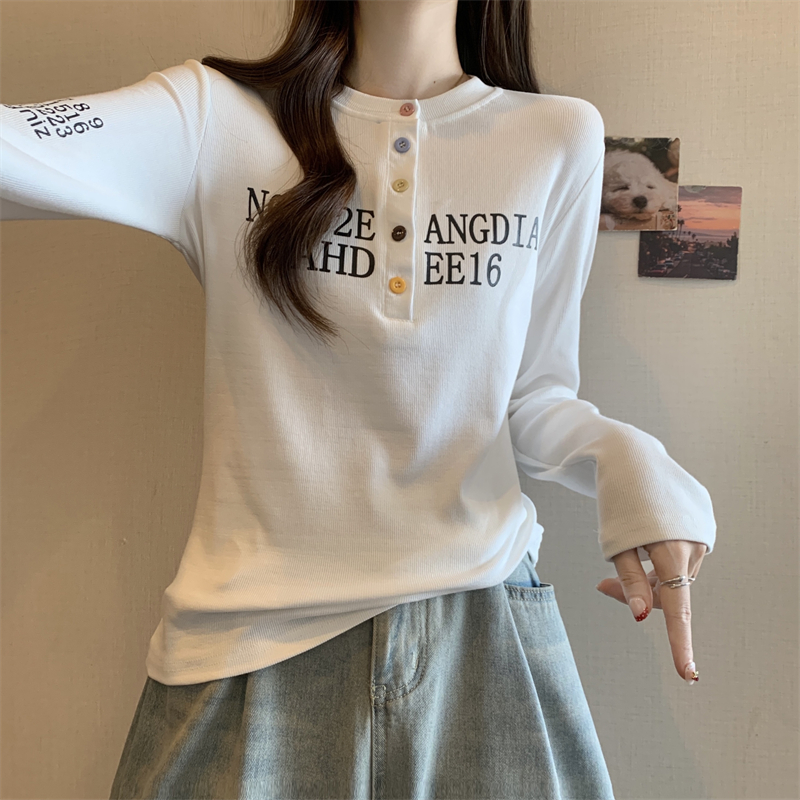 MY1740# 大码新款纯色正肩彩扣设计字母印花宽松舒适休闲百搭上衣女裝貨源服裝批發