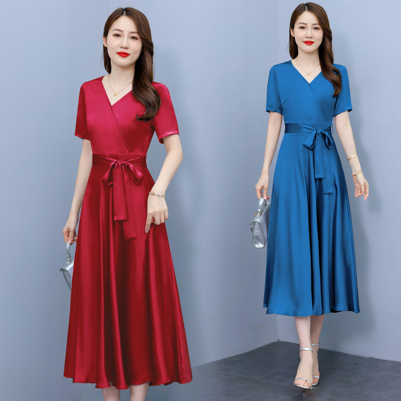 MY626#新款醋酸缎面连衣裙修身气质V领大摆沙滩长裙女裝貨源服裝批發