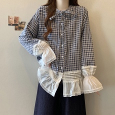 批发实拍 大码女装2025秋季新款小众设计感蕾丝拼接衬衣宽松显小衫