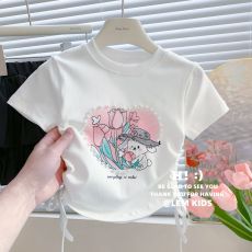 批发女宝宝抽绳半袖冰丝上衣25夏季新款女童珍珠爱心甜美卡通短袖<b class='q'>T</b><b class='q'>恤</b>