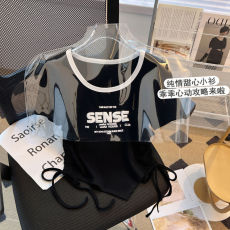批发女宝宝抽绳半袖冰丝上衣23夏季新款女童珍珠爱心甜美卡通短袖<b class='q'>T</b><b class='q'>恤</b>