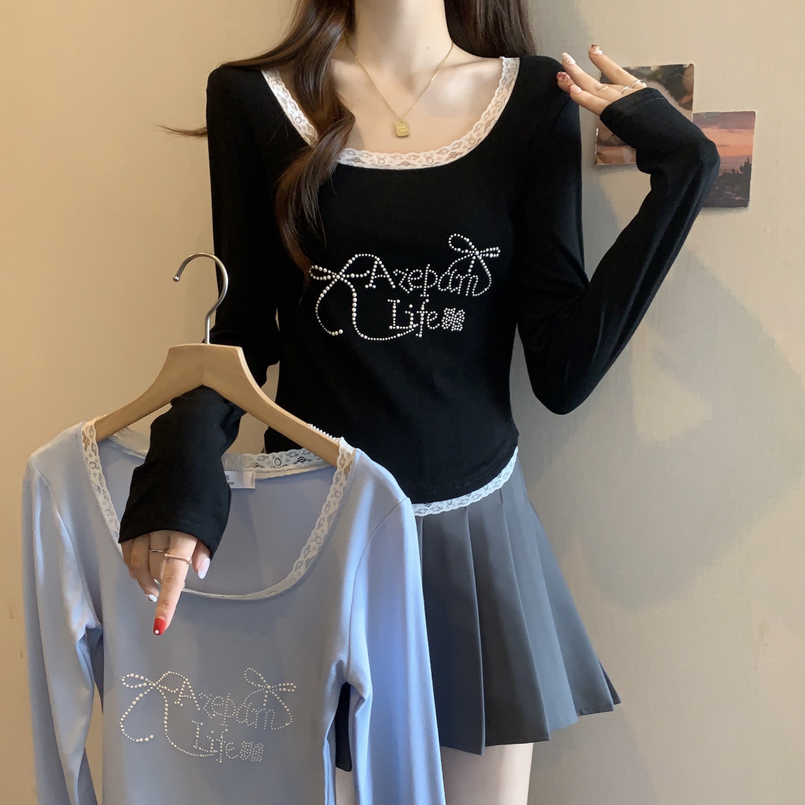 实拍大码~春夏新款烫珠修身显瘦短款上衣女韩系纯欲蕾丝拼接t恤