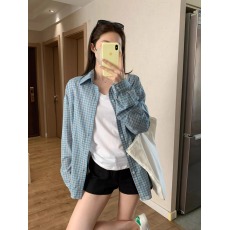 批发长袖薄款防晒衬衣蓝色<b class='q'>格子衬衫</b>外套女2026新款春秋季宽松上衣
