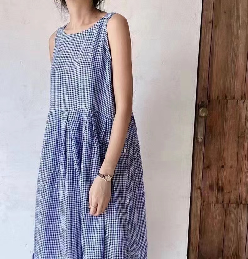 한국 chic 핀치 Pleat 측면 부서 버클 민소매 라운드 넥 체크무늬 드레스