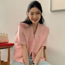 批发2026夏装大码女装<b class='q'>韩版</b>chic百搭显瘦V领单排扣西服上衣