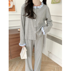 批发实拍实价 新款睡衣女韩系简约舒适针织套装条纹木耳边拼接家居服