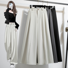 批发实拍复古腰头木耳边拼接休闲垂感显瘦直筒阔腿西装拖地长裤大码女