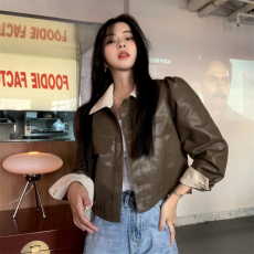 批发韩版小香风撞色皮衣外套修身显瘦短款夹克上衣