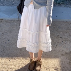 批发有货 韩国chic法式气质甜美减龄木耳边松紧腰中长款小个子半身裙