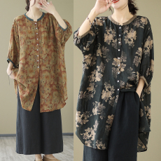 批发实拍复古<b class='q'>碎花</b>中长款<b class='q'>衬衫</b>女 灯笼袖单排扣宽松五分袖苎麻薄款上衣