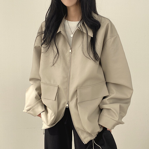 한국 chic 레트로 폴로 칼라 빅 포켓 지퍼 오픈 가디건 재킷 루즈핏 캐주얼 긴팔 가죽 재킷 짧은 여성 코트