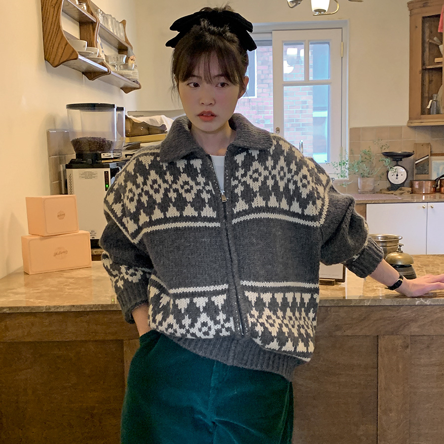 한 부서 봄 가을 새로운 캐주얼 레트로 스타일 배색 자카드 다용도 루즈핏 지퍼 스웨터 코트