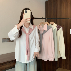 批发实拍2026<b class='q'>春</b>季新款胖mm大码女通勤百搭披肩衬衫设计感休闲长袖上衣