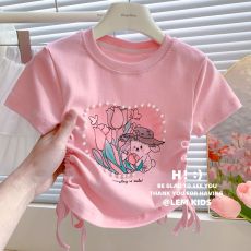 批发时髦款女童洋派时尚钉珠短款抽绳印花圆领短袖<b class='q'>T</b><b class='q'>恤</b>儿童宝宝上衣夏