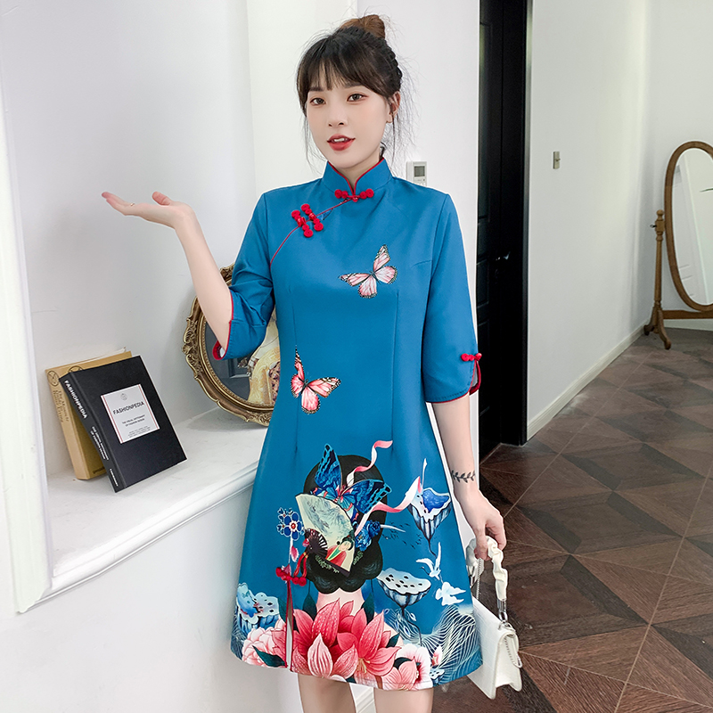 MY14366# 国风婉约气质蝴蝶印花修身显瘦连衣裙新款改良年轻款日常可穿旗袍女裝貨源服裝批發