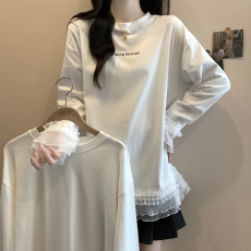 批发实拍2025秋装新款胖mm大码女时尚蕾丝边减龄字母长袖内搭T恤