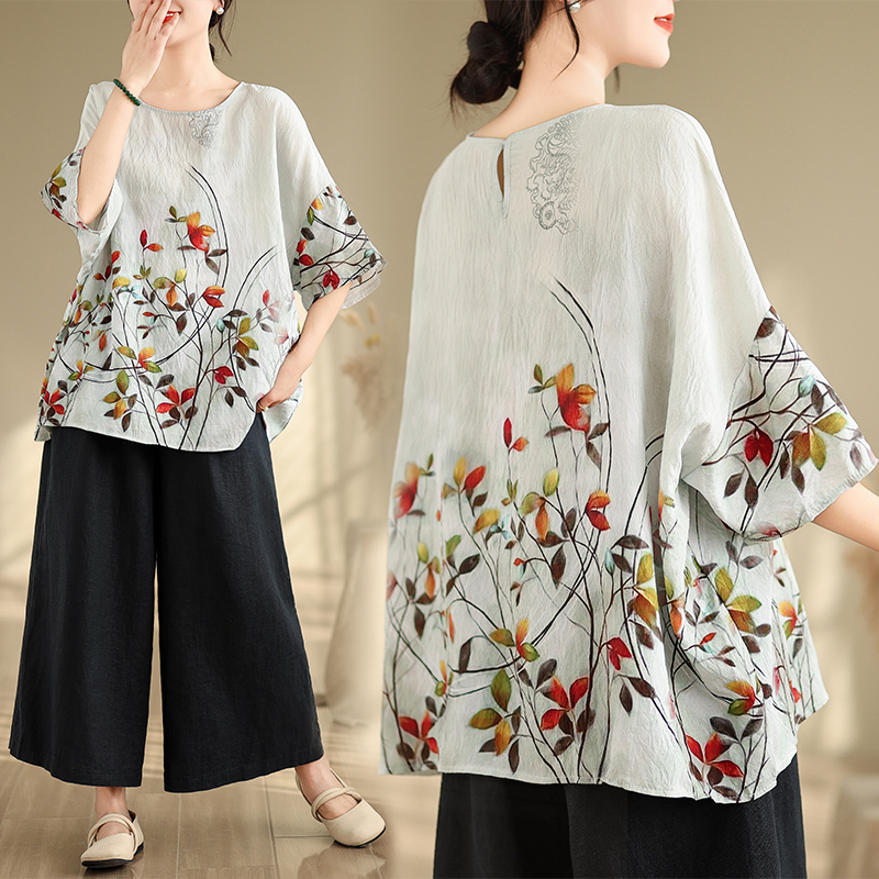 RY2586# 实拍2026夏季新品麻棉民族风蝙蝠袖宽松大码圆领T恤女