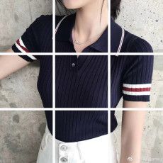 批发夏季翻领撞色薄针织Polo领<b class='q'>T</b><b class='q'>恤</b>女藏蓝上衣<b class='q'>保罗</b>针织衫