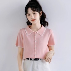 批发2026夏季新款粉色polo翻领T恤女夏假<b class='q'>开衫</b>设计短袖冰丝<b class='q'>针织衫</b>上衣