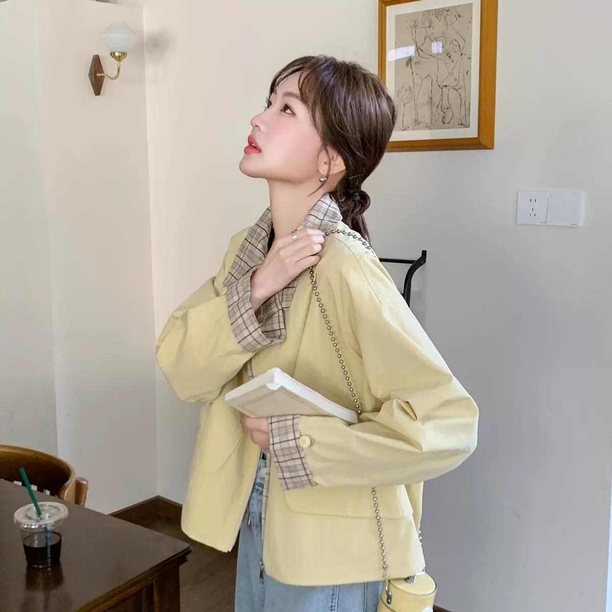 체크무늬 패치워크 쇼트 스타일 황색 워크웨어 여성 코트 봄 가을 새로운 작은 키 슈퍼 잘 생긴 캐주얼 자켓