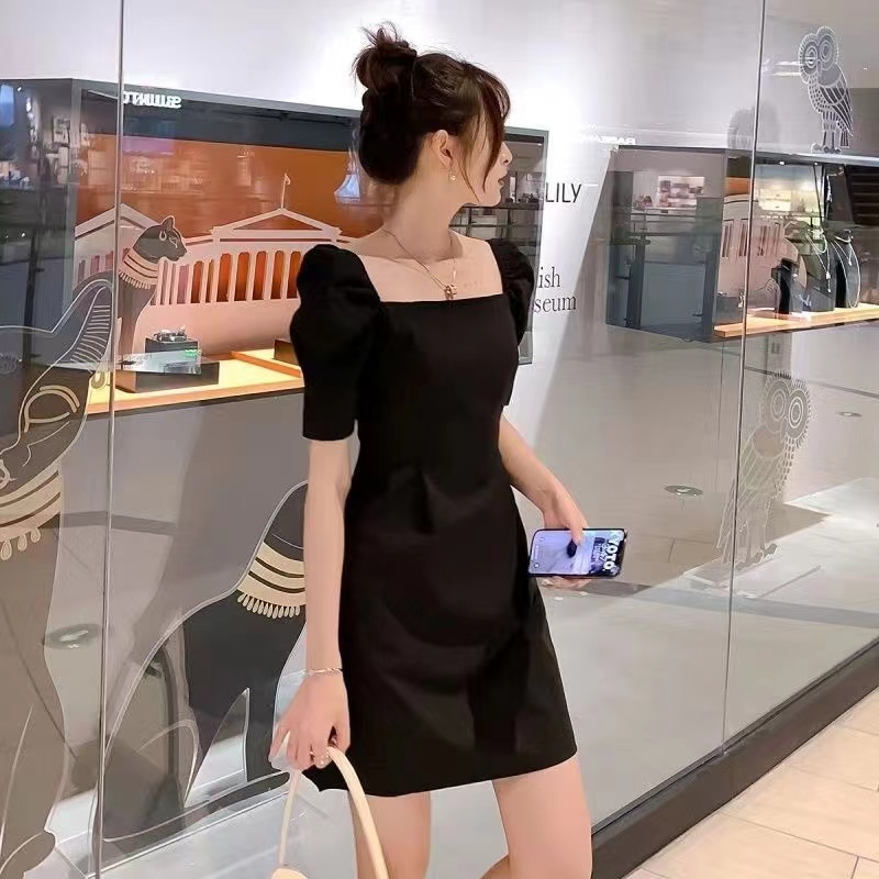 MY236# 赫本风小黑裙女夏季新款法式复古方领中长款黑色泡泡袖连衣裙女裝貨源服裝批發