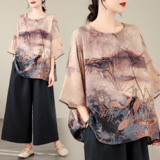 批发<b class='q'>实拍</b>2026夏季新品麻棉民族风蝙蝠袖宽松<b class='q'>大码</b>圆领T恤女