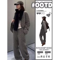 批发纯棉<b class='q'>欧洲</b>站灰色菱格棉服套装女春季短款夹棉外套保暖阔腿裤两件套