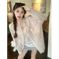 批发实拍2026韩版<b class='q'>夏季</b>薄款防晒纯棉衬衫女条纹小清新宽松百搭衬衣上衣