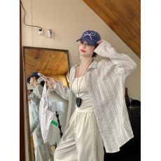 批发实拍2026韩版<b class='q'>夏季</b>薄款防晒纯棉衬衫女条纹小清新宽松百搭衬衣上衣