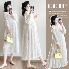 批发实拍~新款孕妇装春季麻纱钩花刺绣中长款简约宽松气质连衣裙