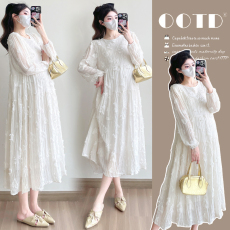 批发实拍~新款孕妇装春<b class='q'>夏</b>麻纱钩花刺绣中长款简约宽松气质连衣裙