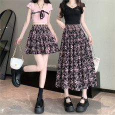 批发大码实拍新款高腰显瘦百搭碎花蛋糕裙中长款遮胯拼接a字大摆伞裙