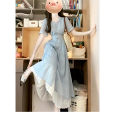 批发2025新款法式高级感蓝色<b class='q'>衬衫</b><b class='q'>连衣裙</b>子夏季女装气质收腰超好看长裙