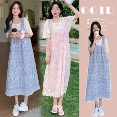 批发新款蕾丝提花<b class='q'>孕妇</b><b class='q'>背心裙</b>两件套高级感镂空刺绣连衣裙+<b class='q'>T</b><b class='q'>恤</b>