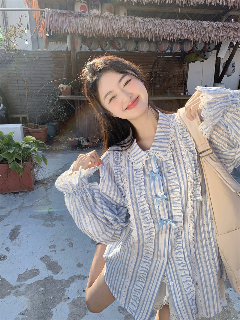 실사 새로운 한 부서 달콤함 연령 감소 무거운 작업 레이스 프릴 나비 매듭 루즈핏 긴팔 셔츠