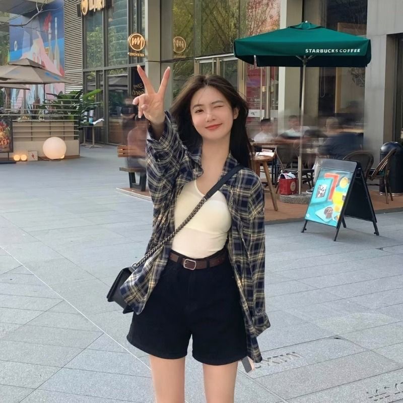 힘 스타일 착용 가져 가라. 격자 무늬 셔츠 남자 여자 봄 가을 느긋한 바람 레트로 루즈핏 셔츠 오픈 가디건 다용도 연령 감소 세트