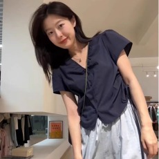 批发夏装新款大码夜岩上衣法式温柔风淑女抽绳褶皱v领上衣M-4XL200斤