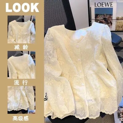 디자인 센스 자카드 레이스 맨위 여성 봄 프랑스식 달콤함 연령 감소 거품 소매 셔츠 Chic 외국 가스 아름다운 작은 셔츠