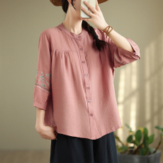 批发实拍棉麻衬衫女<b class='q'>春秋</b>款高端品质重工刺绣衬衣宽松遮肚七分袖上衣
