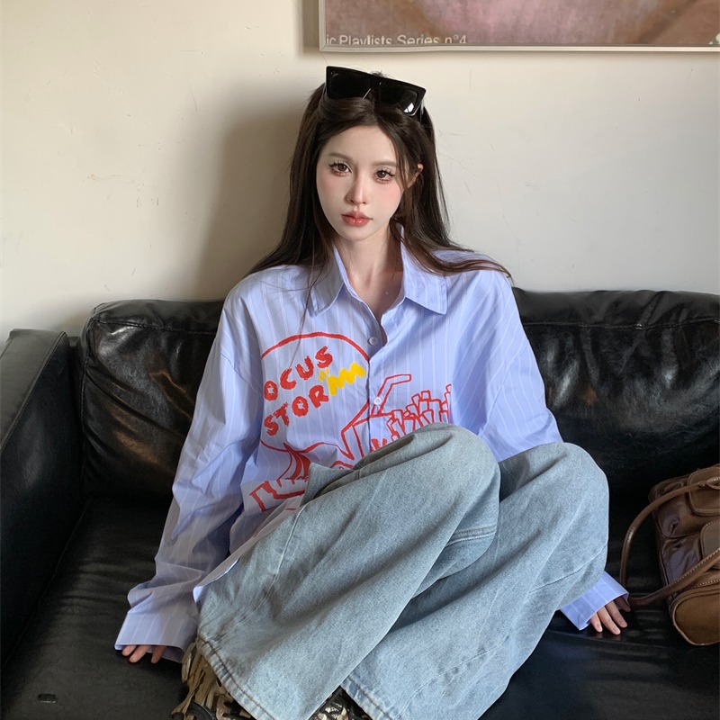 MY467# 美式高街风长袖衬衫女春秋季薄款宽松设计感卡通印花休闲衬衣女裝貨源服裝批發