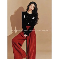 批发春季高级好看套装女秋<b class='q'>大码</b>胖mm丝绒上衣阔腿裤减龄独特两件套