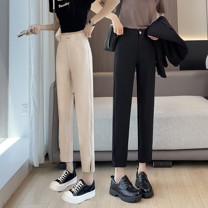 MY481# 春夏直筒裤女九分弹力开叉高腰烟管休闲裤小脚哈伦西装裤女裝貨源服裝批發