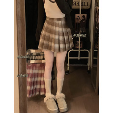 批发春秋红色毛呢格子<b class='q'>半身裙</b>高腰显瘦超<b class='q'>短裙</b>百褶A字裙