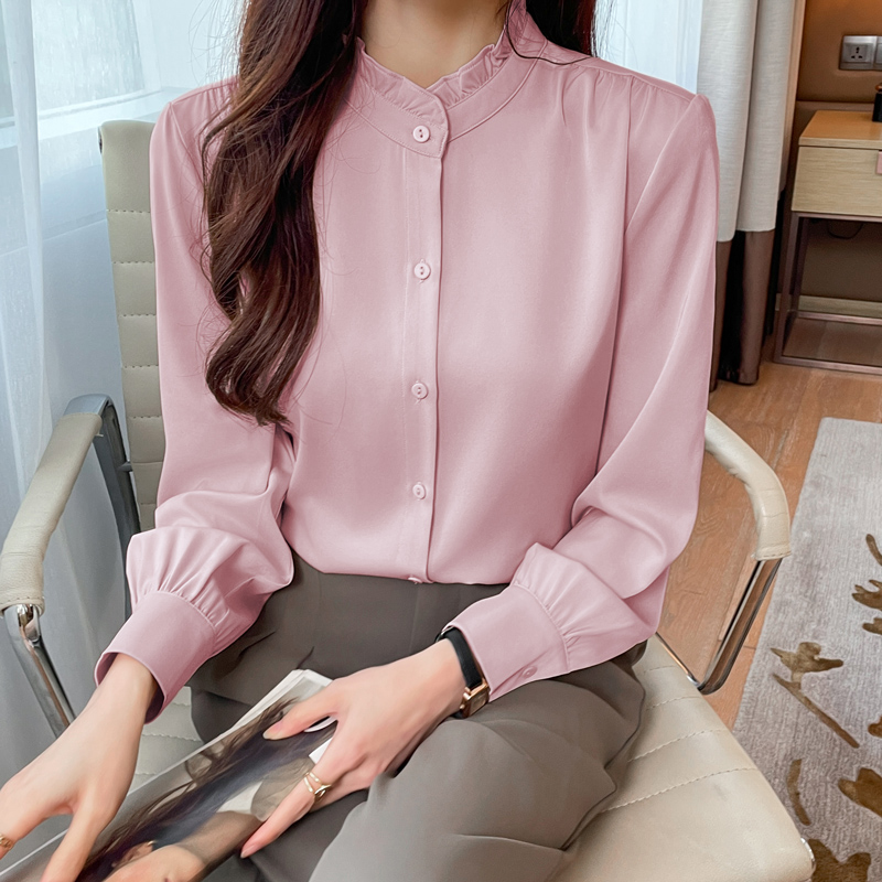 실사 스탠드 칼라 셔츠 여성 긴 소매 봄 가을 경력 출퇴근 화이트 셔츠 숙녀 정장 인사이드 잡아라. 의류