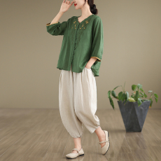 批发实拍棉麻衬衫女七分袖夏季V领新中式绣花开衫衬衣宽松<b class='q'>哈伦</b>裤百搭