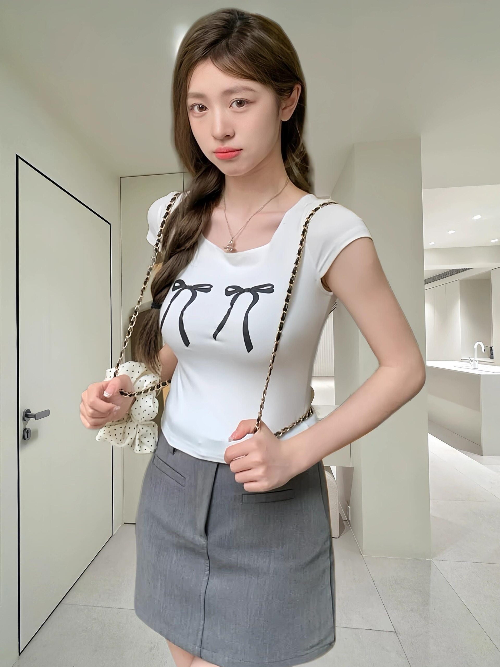 MY487# 纯棉蝴蝶结印花圆领短款短袖T恤女短款别致上衣女裝貨源服裝批發