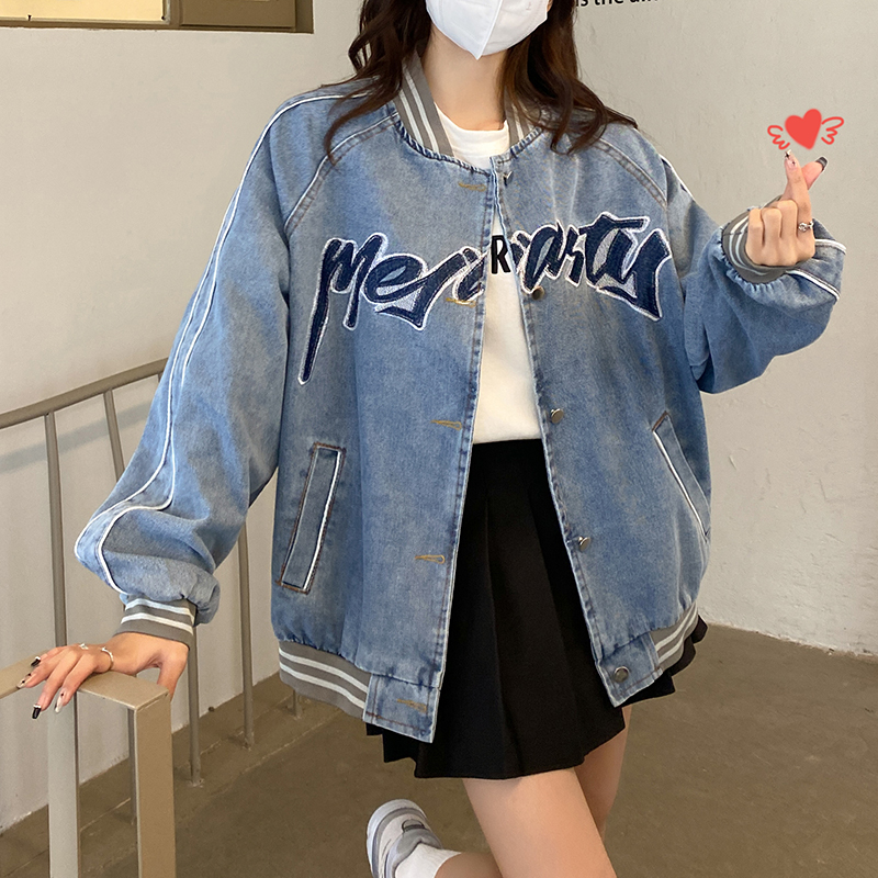 MY289#新款街头美式字母棒球服夹克宽松牛仔外套女潮女裝貨源服裝批發