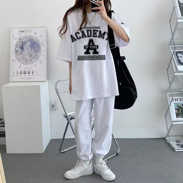 한국 스타일 알파벳 프린트 라운드 넥 반팔 긴 바지 투피스 세트 캐주얼 운동 여름